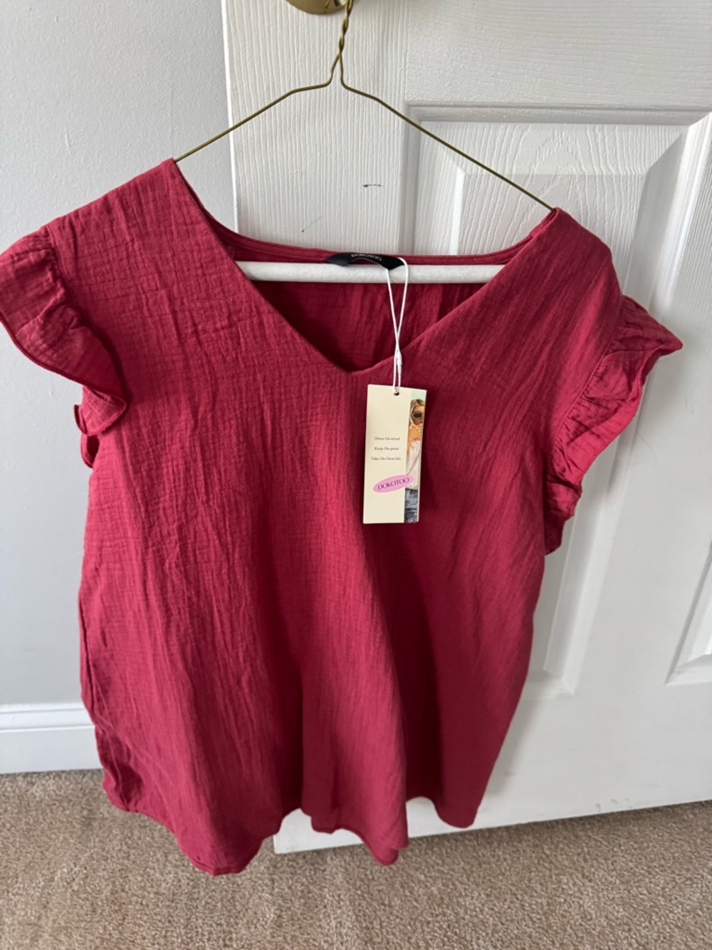 Ruffled Sleeve V-Neck Blouse - Raspberry